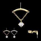 14Kt Gold Threadless Hidden Helix Curved Bar Top with Gem Chain Dangle