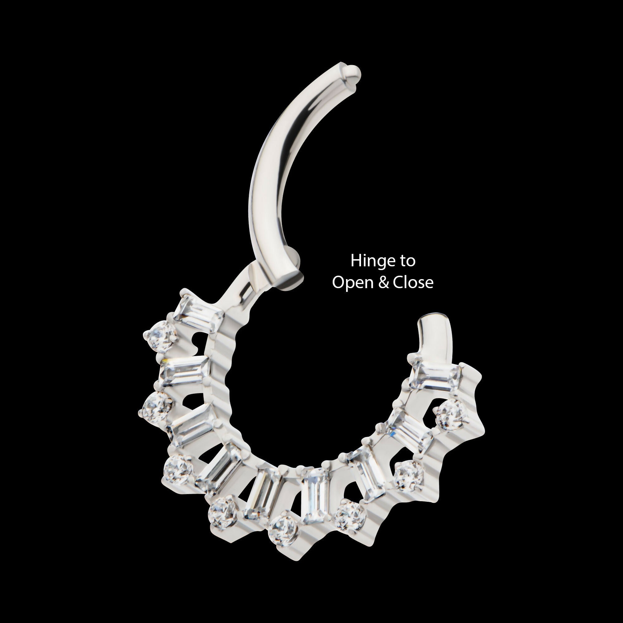 Clustered Prong Set Round & Baguette CZ Front Facing Hinged Segment Clicker Hoop Earring / Nosering – Titanium