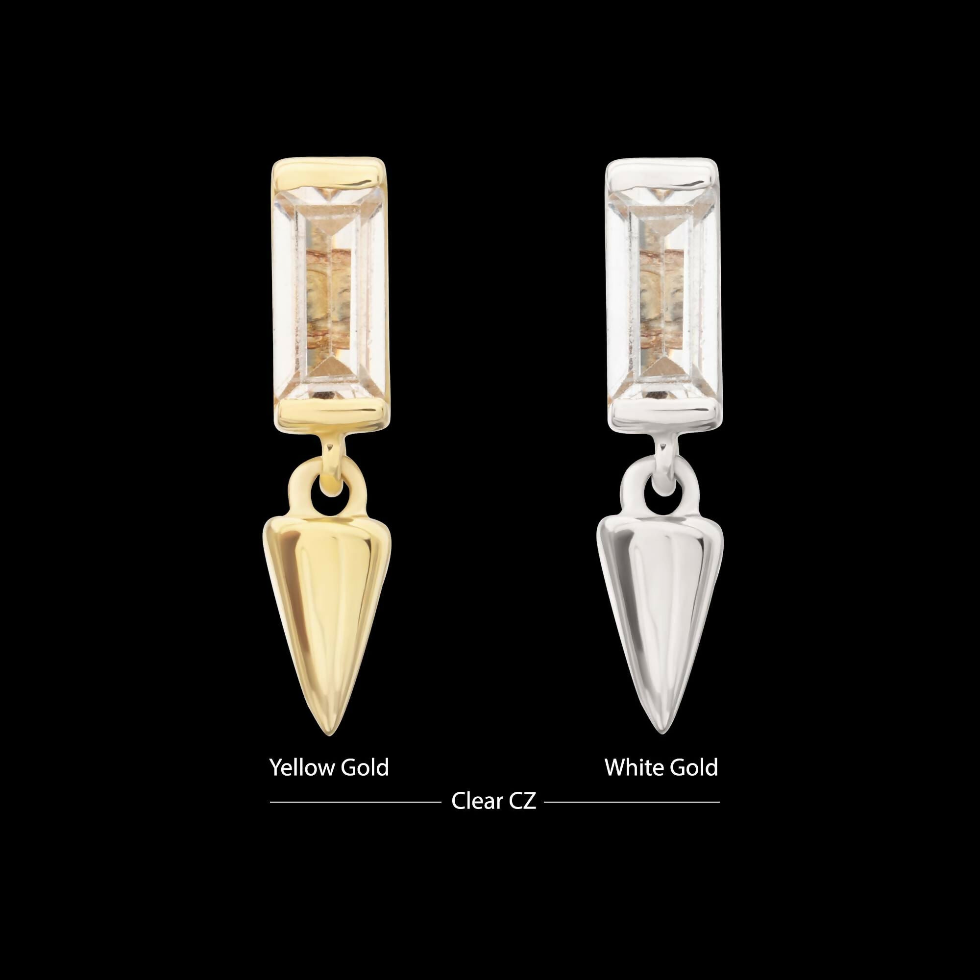 14Kt Gold Threadless Bezel Baguette Gem Top with Spike Dangle