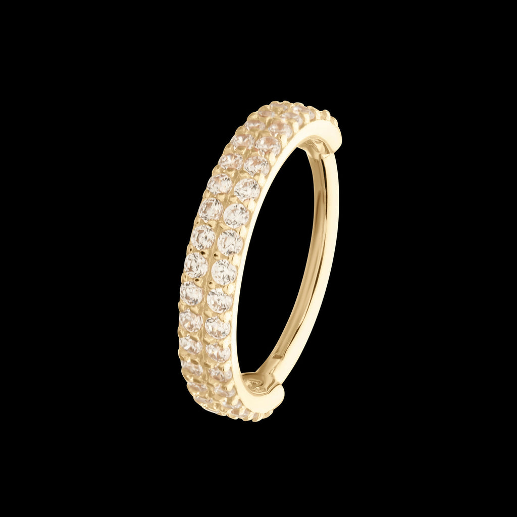Double Row Pave Gem Side Facing Hinged Segment Clicker Hoop Earring / Nosering – 14Kt Yellow Gold