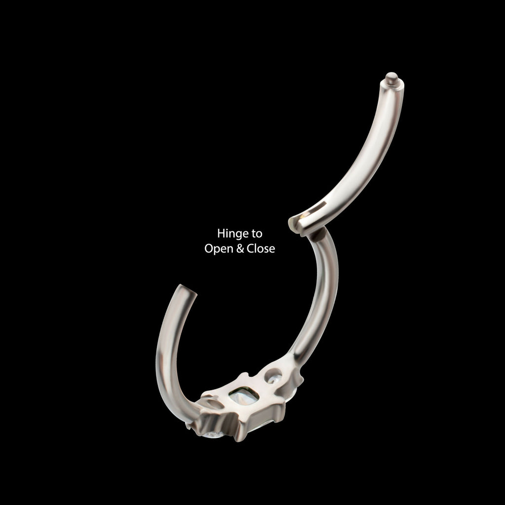 Linear Princess & Round Trio Gem Side Facing Hinged Segment Clickers Hoop Earring / Nosering – Titanium