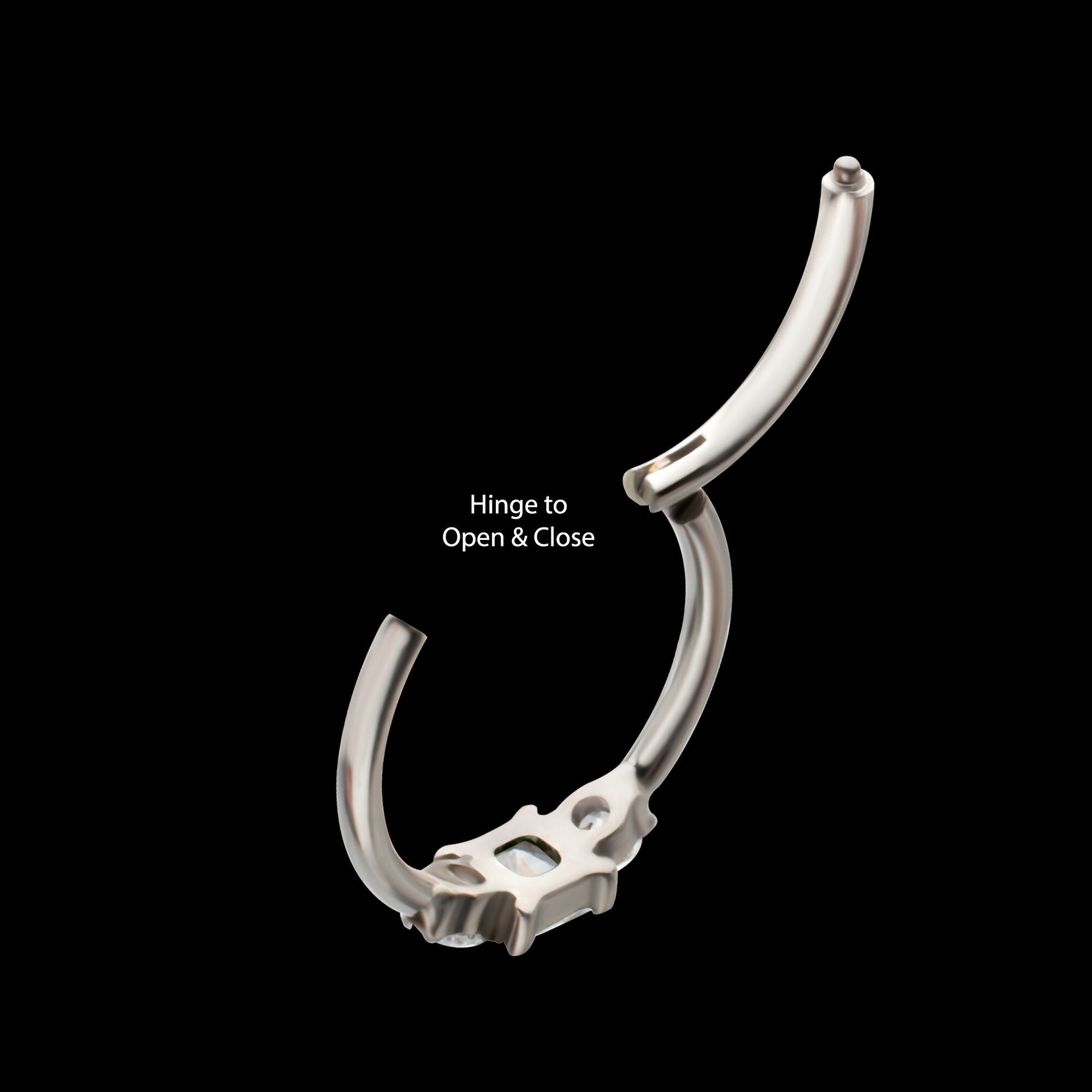 Linear Princess & Round Trio Gem Side Facing Hinged Segment Clickers Hoop Earring / Nosering – Titanium