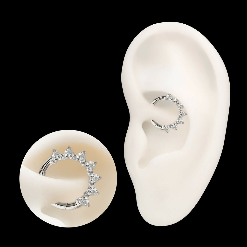 Seven Heart-Cut Gem Front Facing Hinged Segment Clicker Hoop Earring / Nosering – Titanium