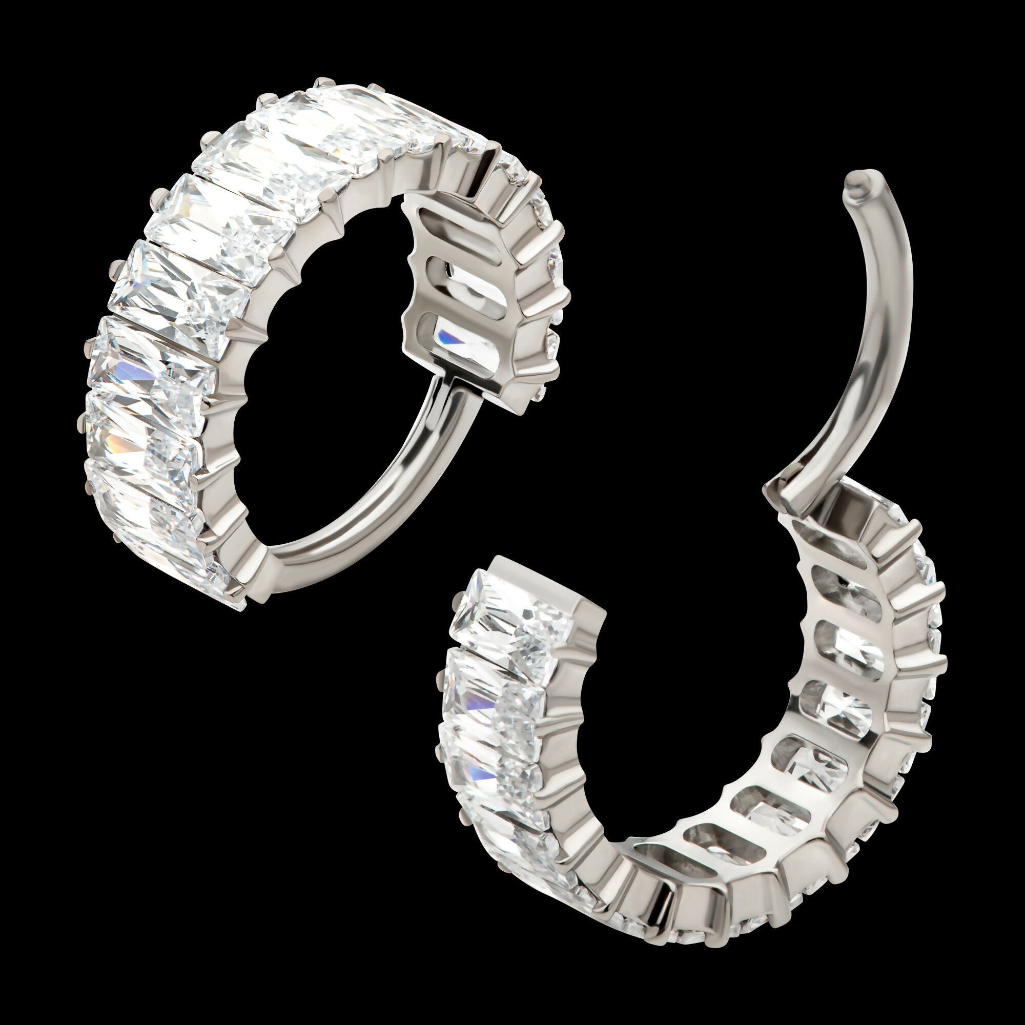 CNC Set Baguette CZ Side Facing Hinged Segment Clicker Hoop Earring / Nosering – Titanium
