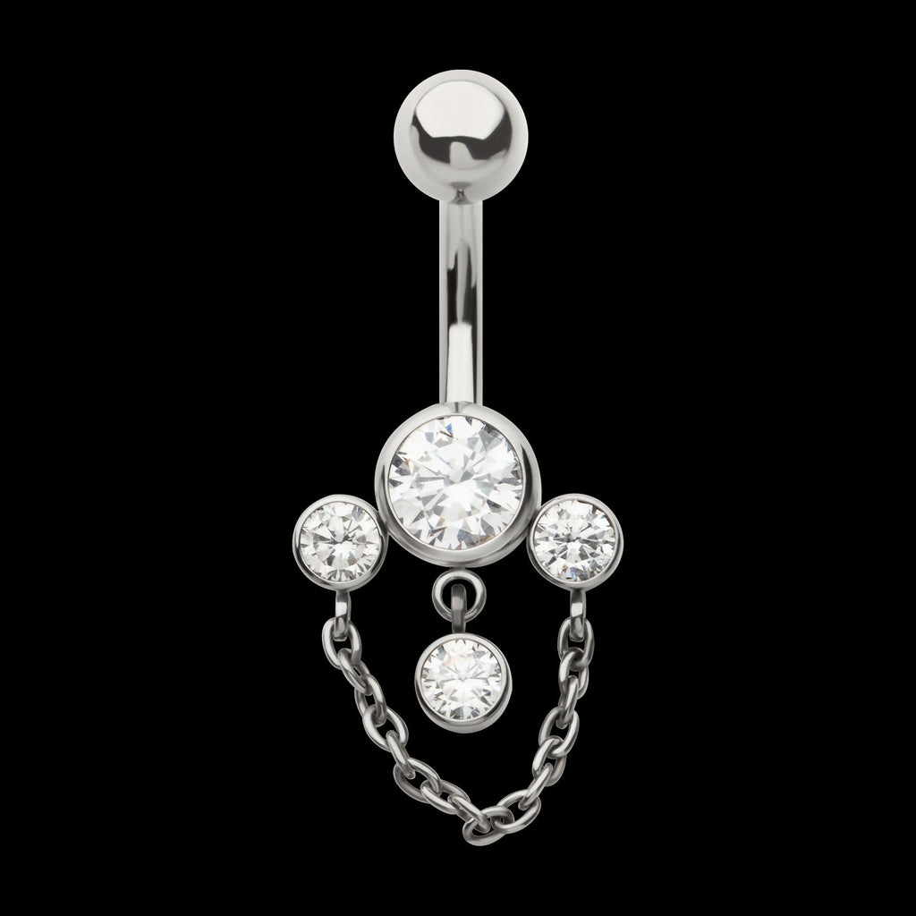 Internally Threaded Bezel Set Round Gem Fan Navel with Floating Gem and Chain Dangle Earring / Nosering – Titanium