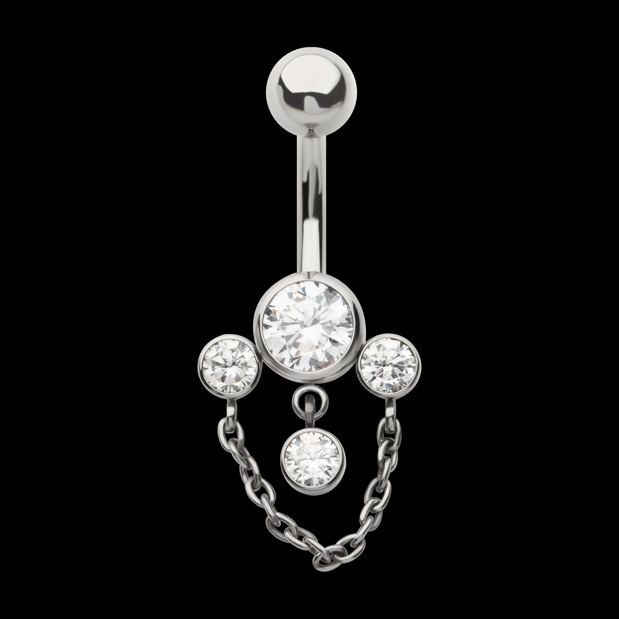 Internally Threaded Bezel Set Round Gem Fan Navel with Floating Gem and Chain Dangle Earring / Nosering – Titanium