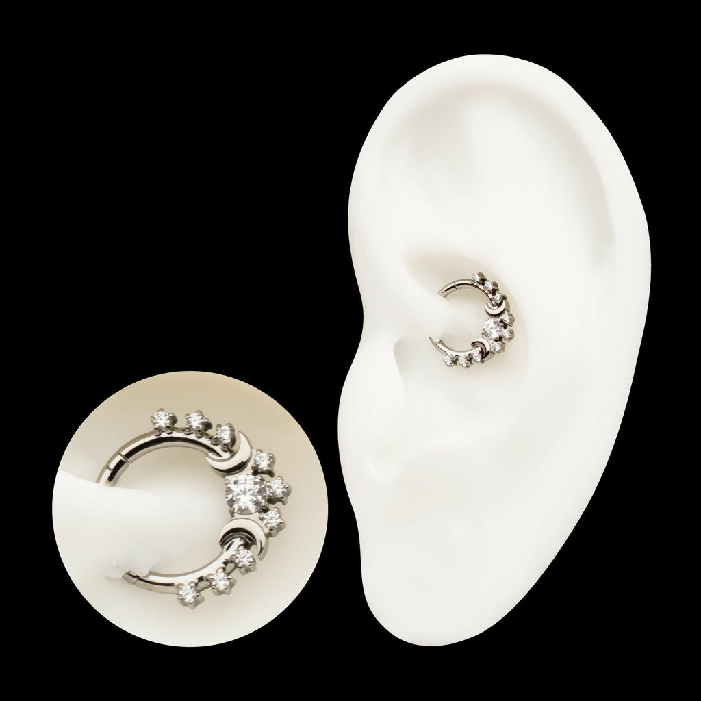 Triple Moon Phase with Prong Set Gem Cluster Front Facing Hinged Segment Clicker Hoop Earring / Nosering – Titanium