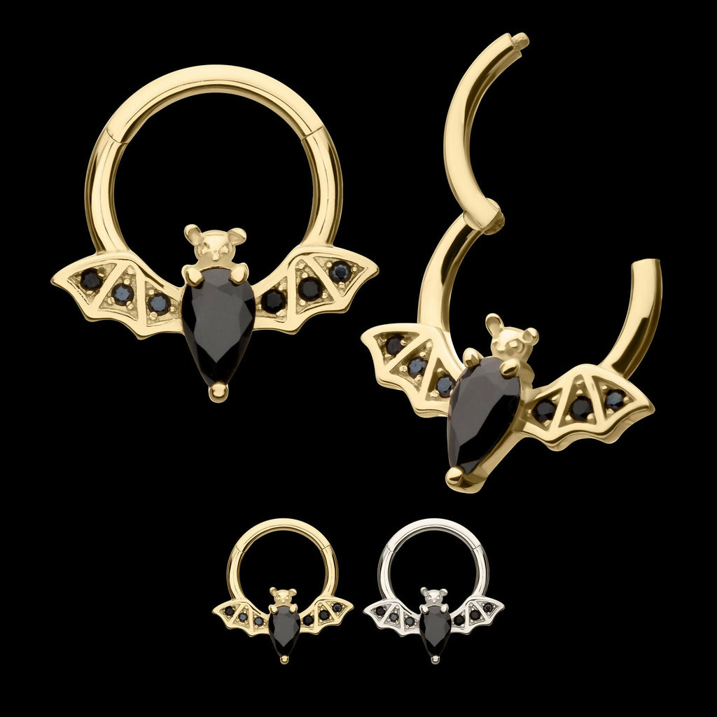 14Kt Gold Flying Bat with Prong Set Black Gem Front Facing Hinged Segment Clicker