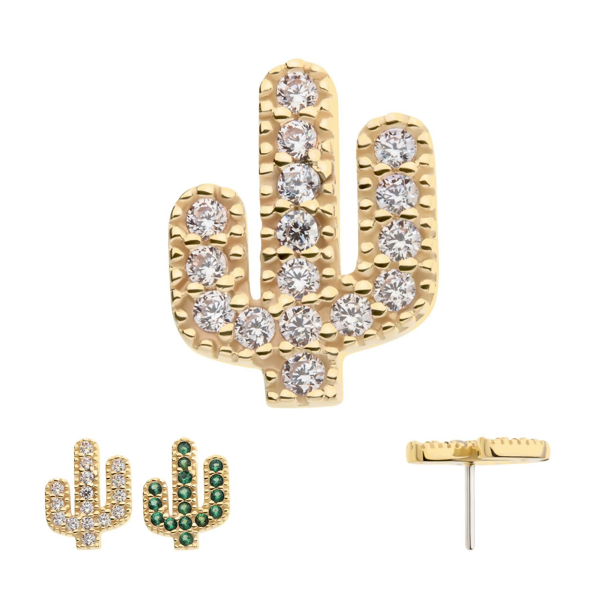 CZ Cactus Flatback Stud Earring / Nosering - CZ in 14Kt Yellow Gold
