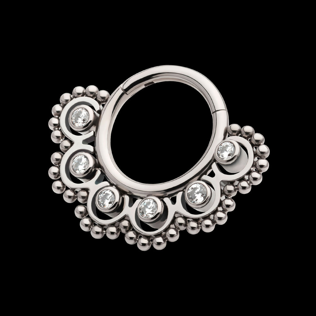 Beads & 6-Bezel Set Gem Front Facing Hinged Segment Clicker Hoop Earring / Nosering – Titanium