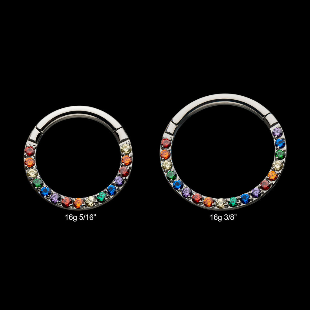 Front Full Clear Eternity Gem Hinged Segment Clicker Hoop Earring / Nosering – Titanium