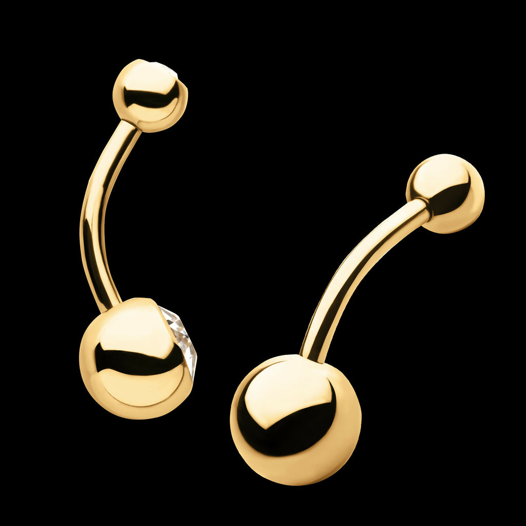 24Kt Gold PVD Titanium Internally Threaded Double Bezel Set Swarovski Crystal Fixed Bottom Navel Earring / Nosering
