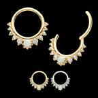 Prong Set Gem Cluster with 3mm White Opal Front Facing Hinged Segment Clicker Hoop Earring / Nosering – 14Kt Gold
