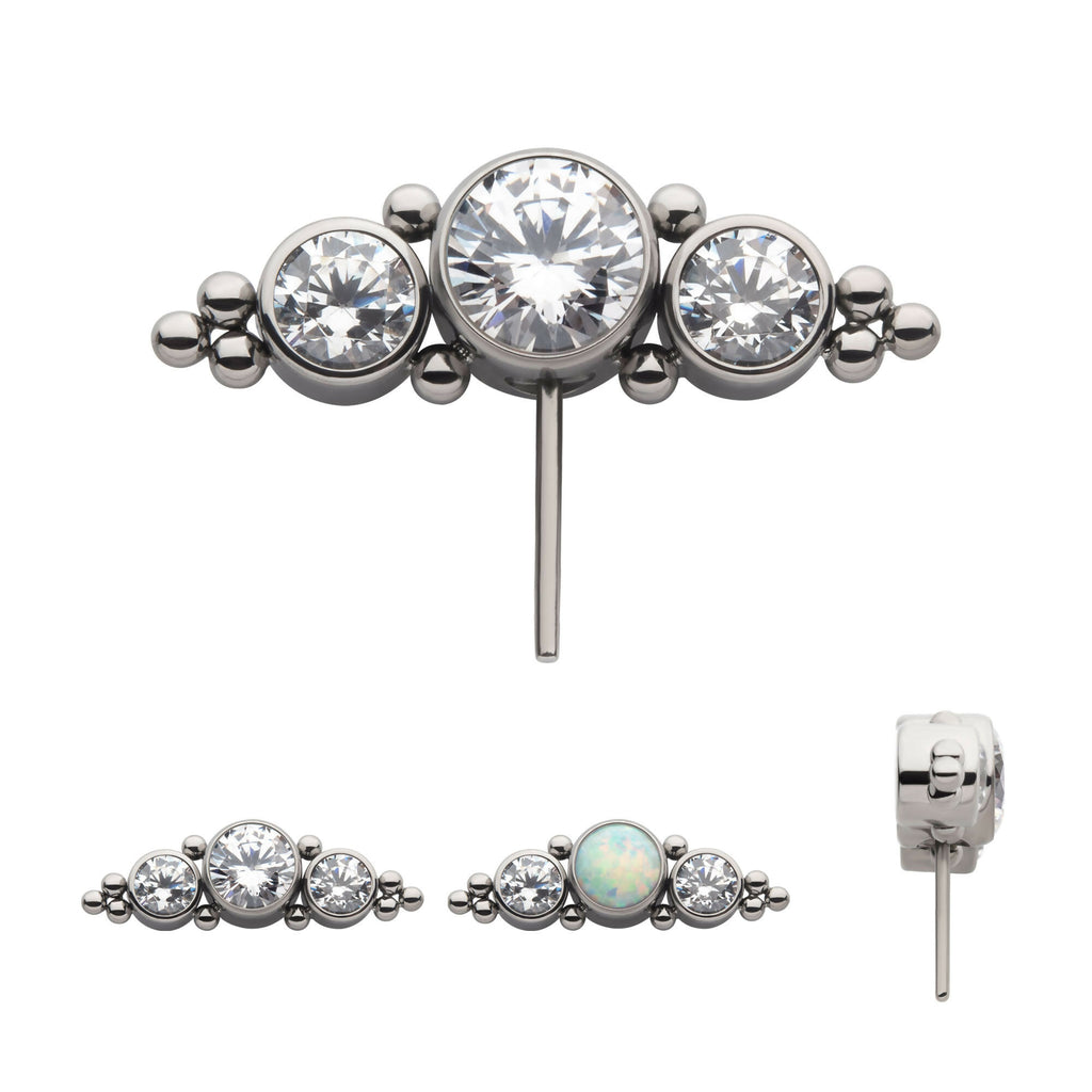3-Cluster Bezel Set CZ/Opal & Trio Beads Side Facing Flatback Stud Earring / Nosering - Opal & CZ & Opal & CZ in Titanium