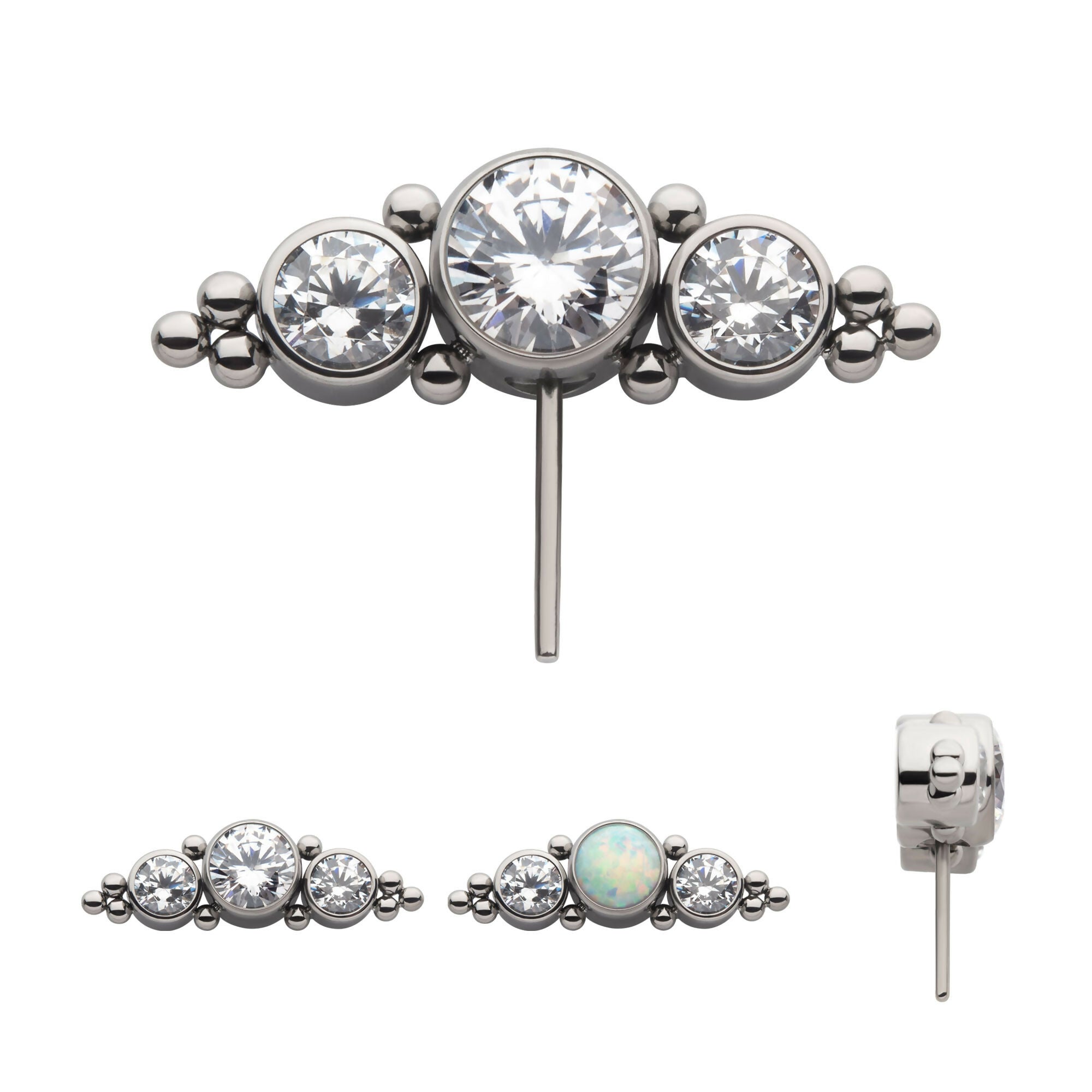 3-Cluster Bezel Set CZ/Opal & Trio Beads Side Facing Flatback Stud Earring / Nosering - Opal & CZ & Opal & CZ in Titanium