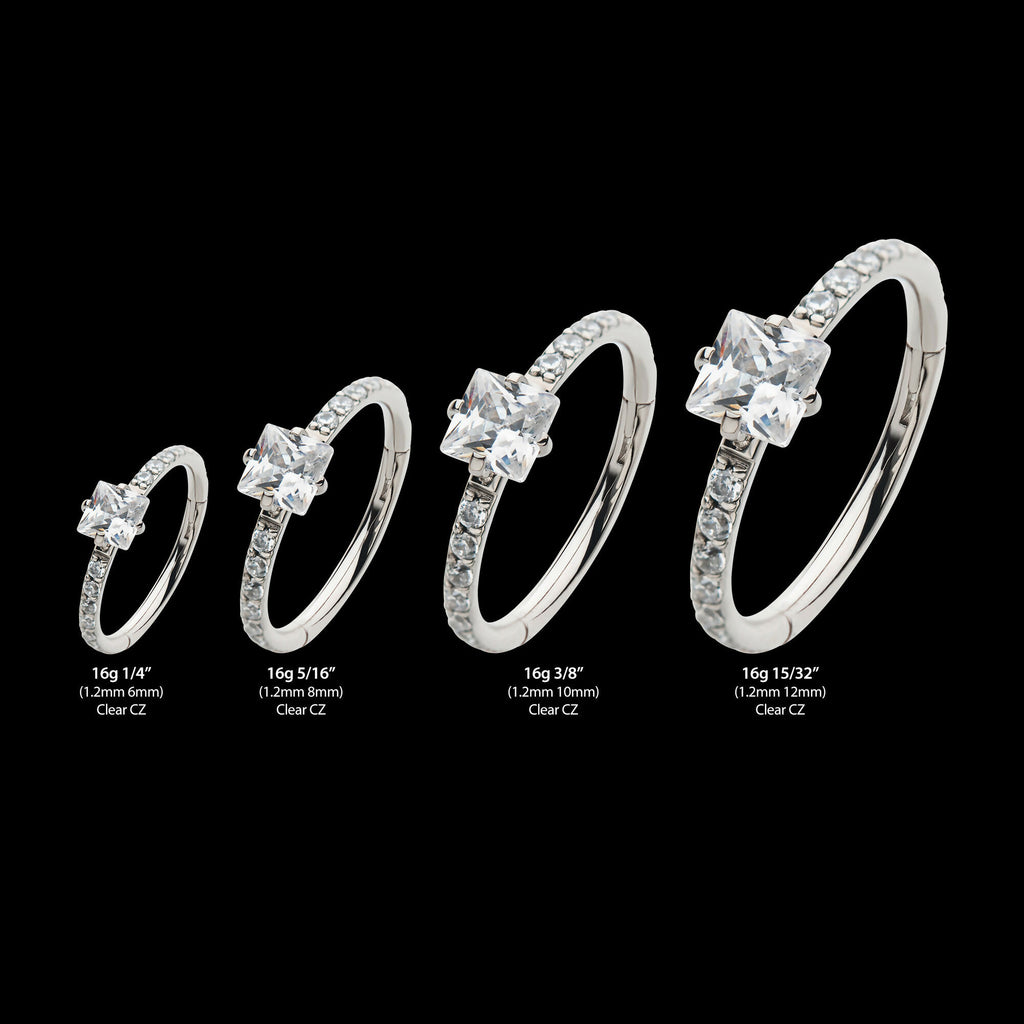 Centerpiece Prong Set Square Clear CZ Eternity Side Facing Hinged Segment Clicker Hoop Earring / Nosering – Titanium