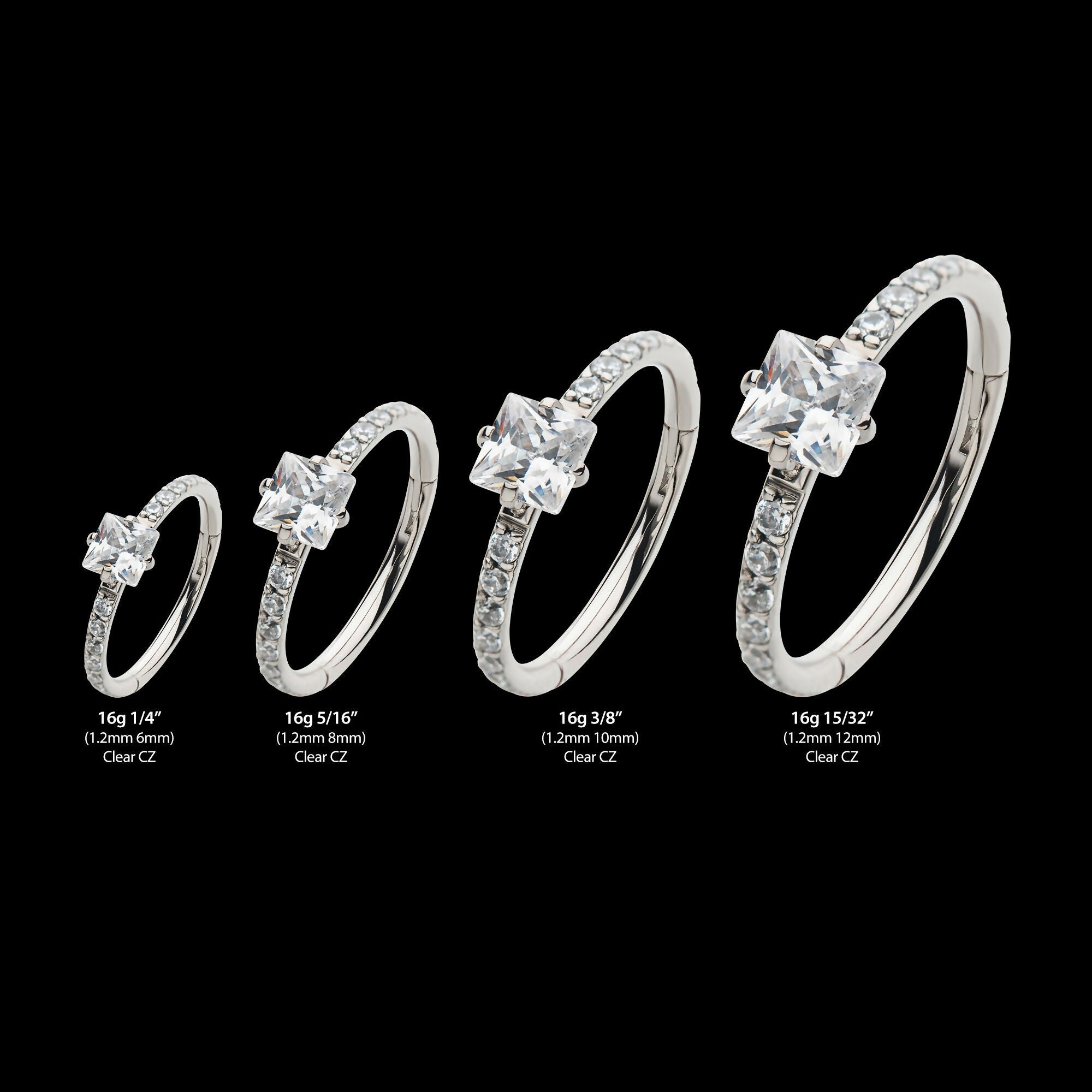Centerpiece Prong Set Square Clear CZ Eternity Side Facing Hinged Segment Clicker Hoop Earring / Nosering – Titanium