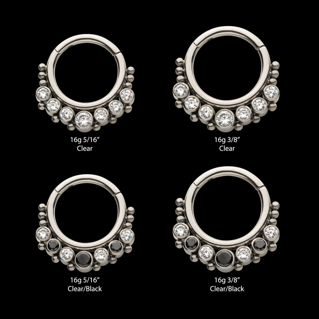7 Cluster Bezel Set CZ & Beads Front Facing Hinged Segment Clicker Hoop Earring / Nosering – Titanium